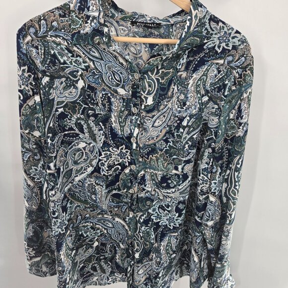 Roz and Ali Blue Green Paisley Button Down Long Sleeved Blouse 1x - Picture 1 of 13